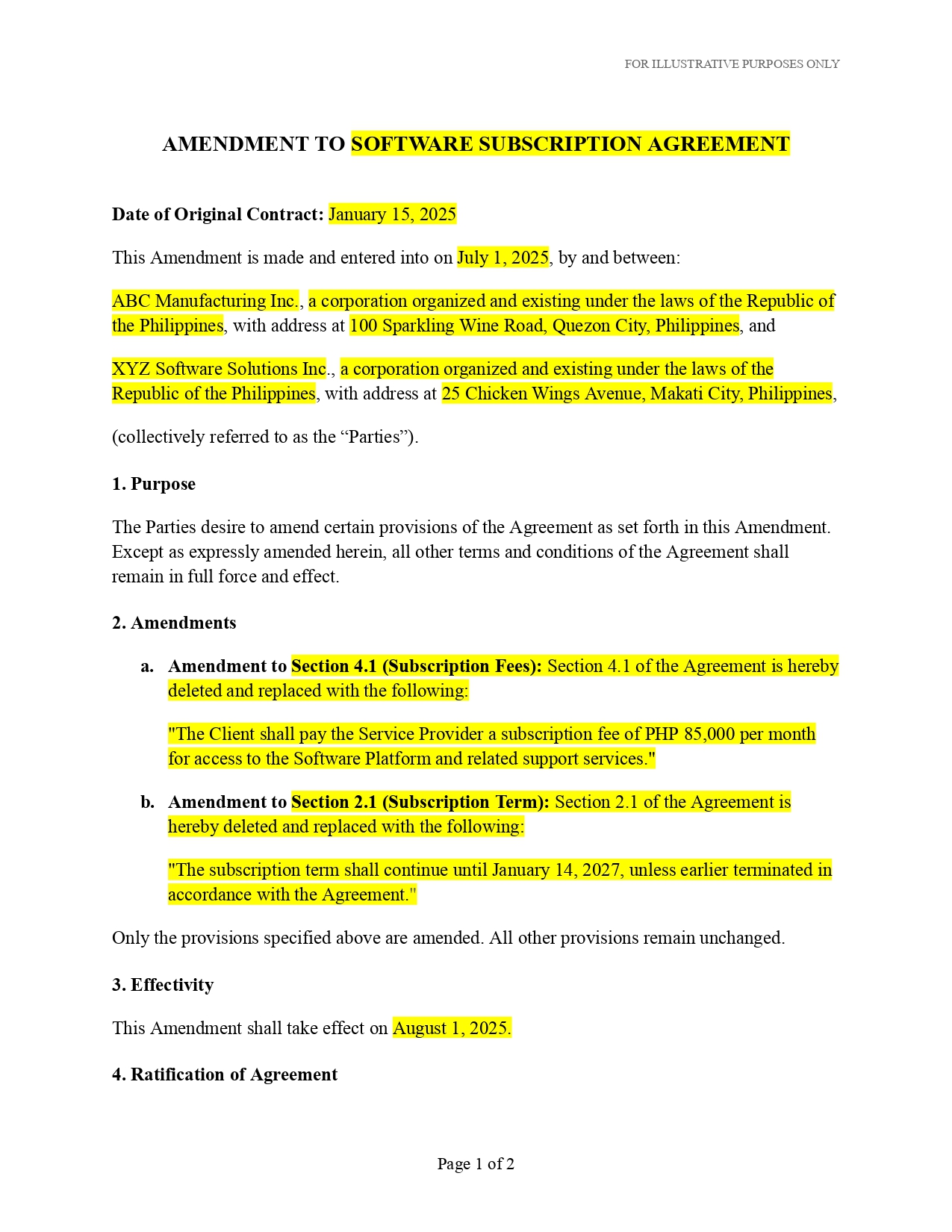 First page of a contract amendment example for a software subscription agreement, including the amendment title, original contract reference, party information, amendments to subscription fees and subscription term, and the amendment's effective date.