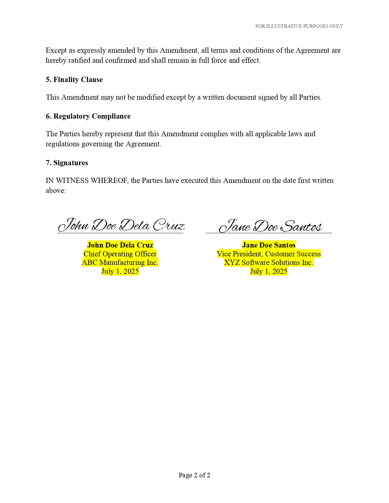 Second page of a contract amendment example showing the ratification clause, finality clause, regulatory compliance provision, and signature blocks executed by both parties.