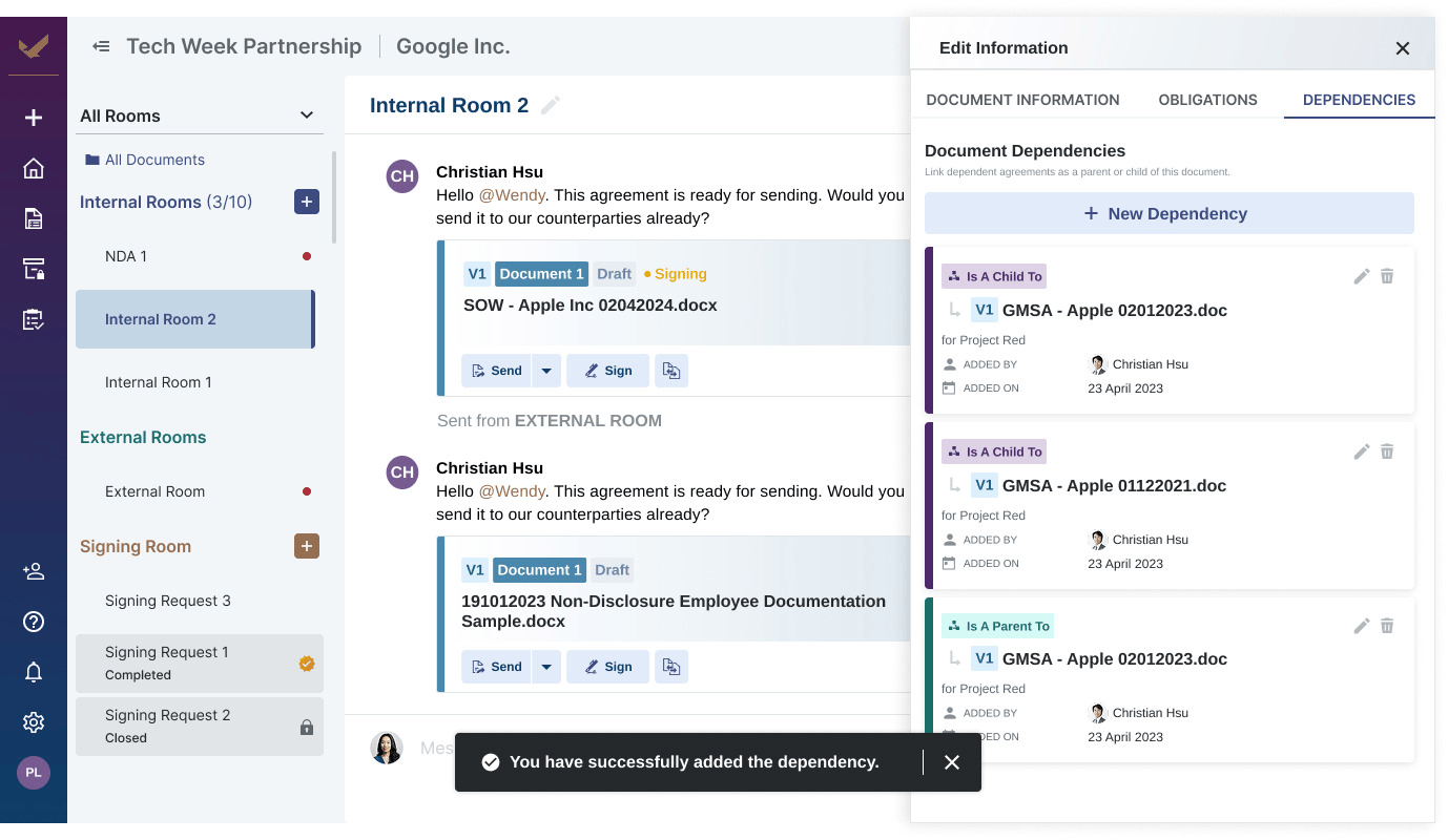 CLM software interface displaying contract document dependencies, approval workflows, and signing requests, showing how amendments can be linked to parent agreements, routed for review, and managed within a centralized contract repository