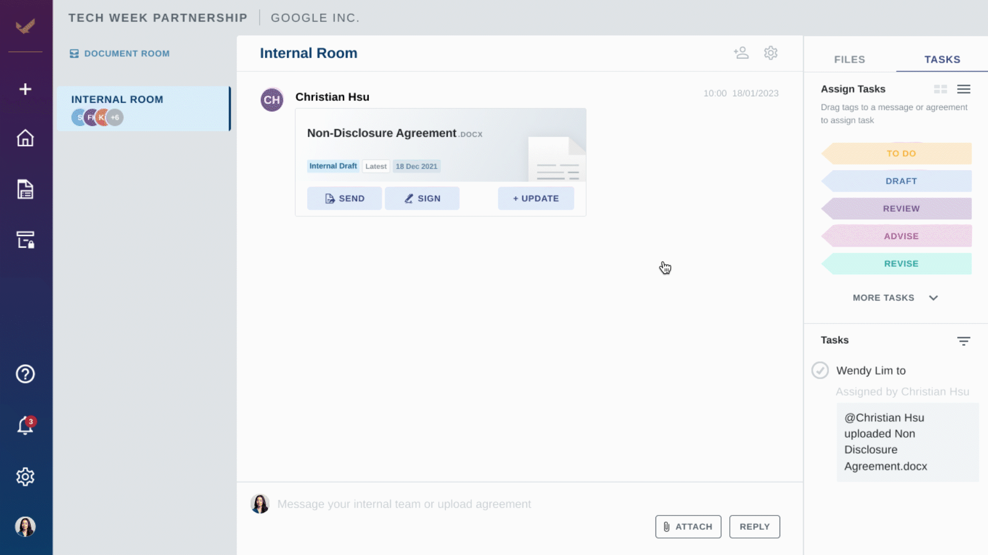 GIF showing a contract lifecycle management platform where teams upload contracts, assign review tasks, manage revisions, collaborate on document drafts, and route agreements for approval during the presigning stage of bilateral contracts.