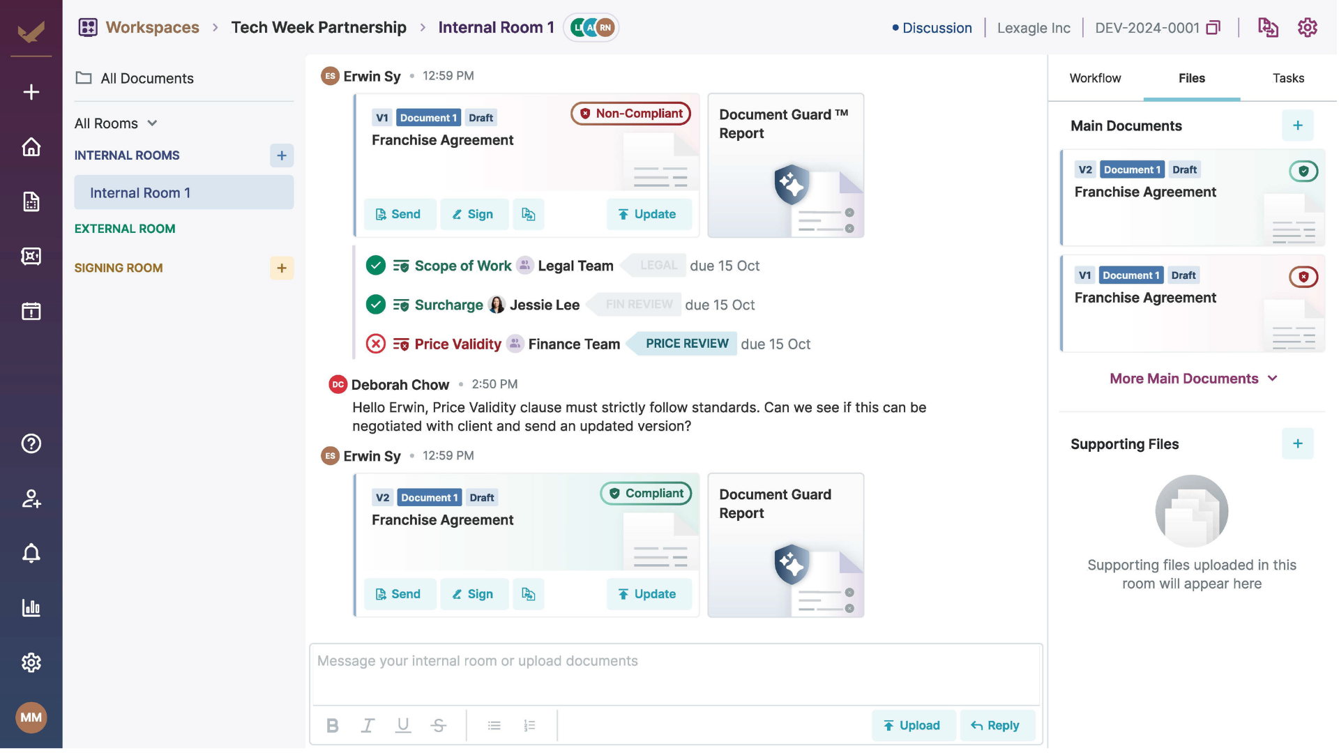 Contract redlining software using AI to analyze contract clauses, identify compliant and non-compliant provisions, and compare terms against predefined playbooks during contract review.