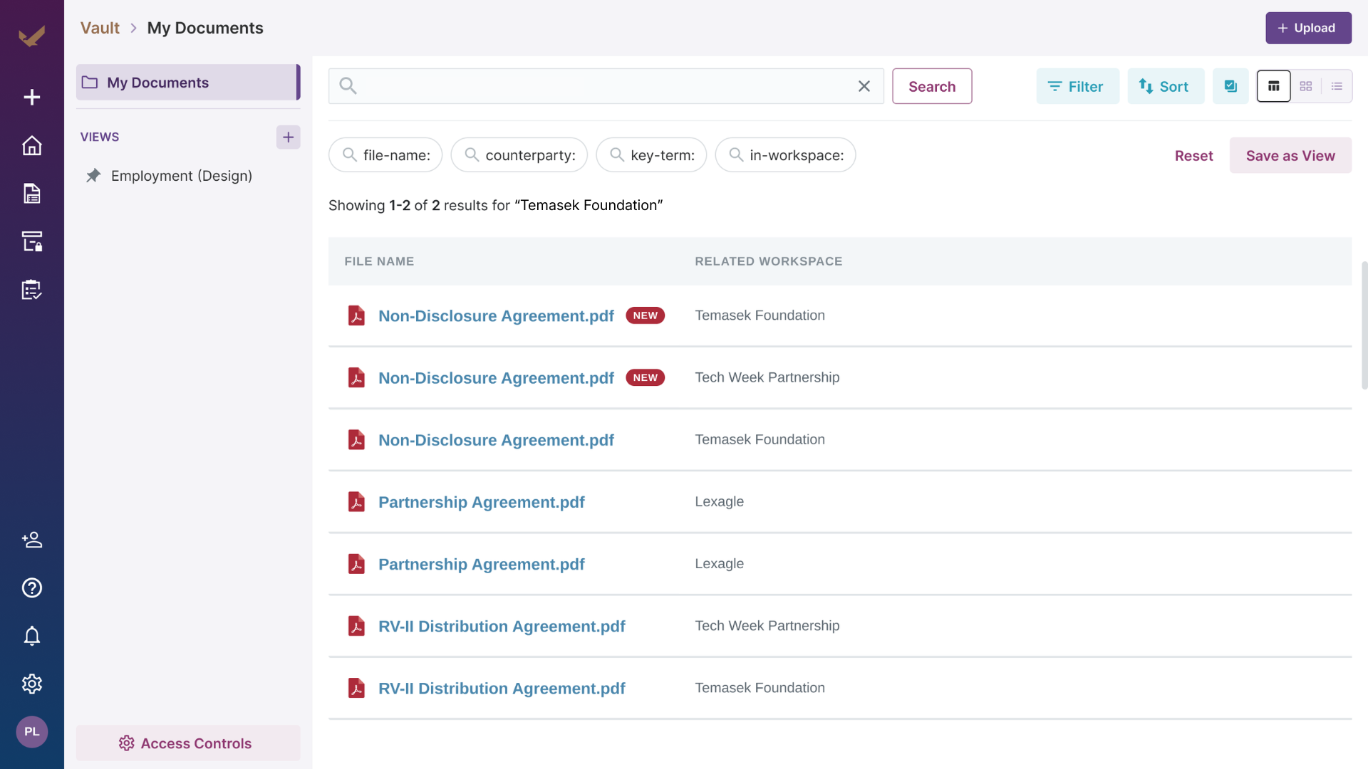 Search for a specific contracting party to instantly locate all related contracts and supporting documents in Lexagle's AI-powered Contract Lifecycle Management platform.