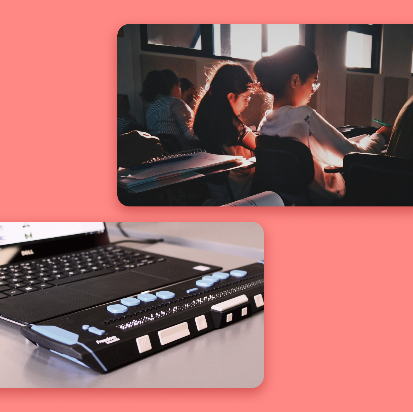 Image of children studying at a school and of a screenreader.