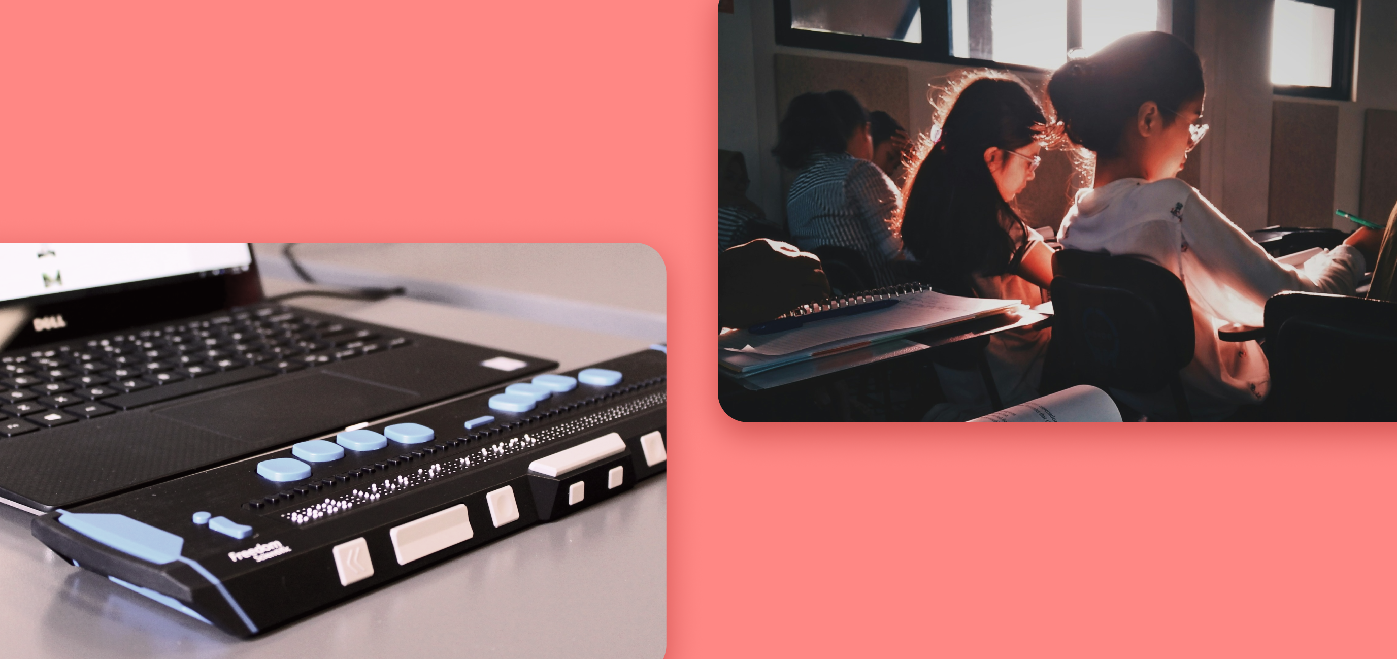 Image of children studying at a school and of a screenreader.