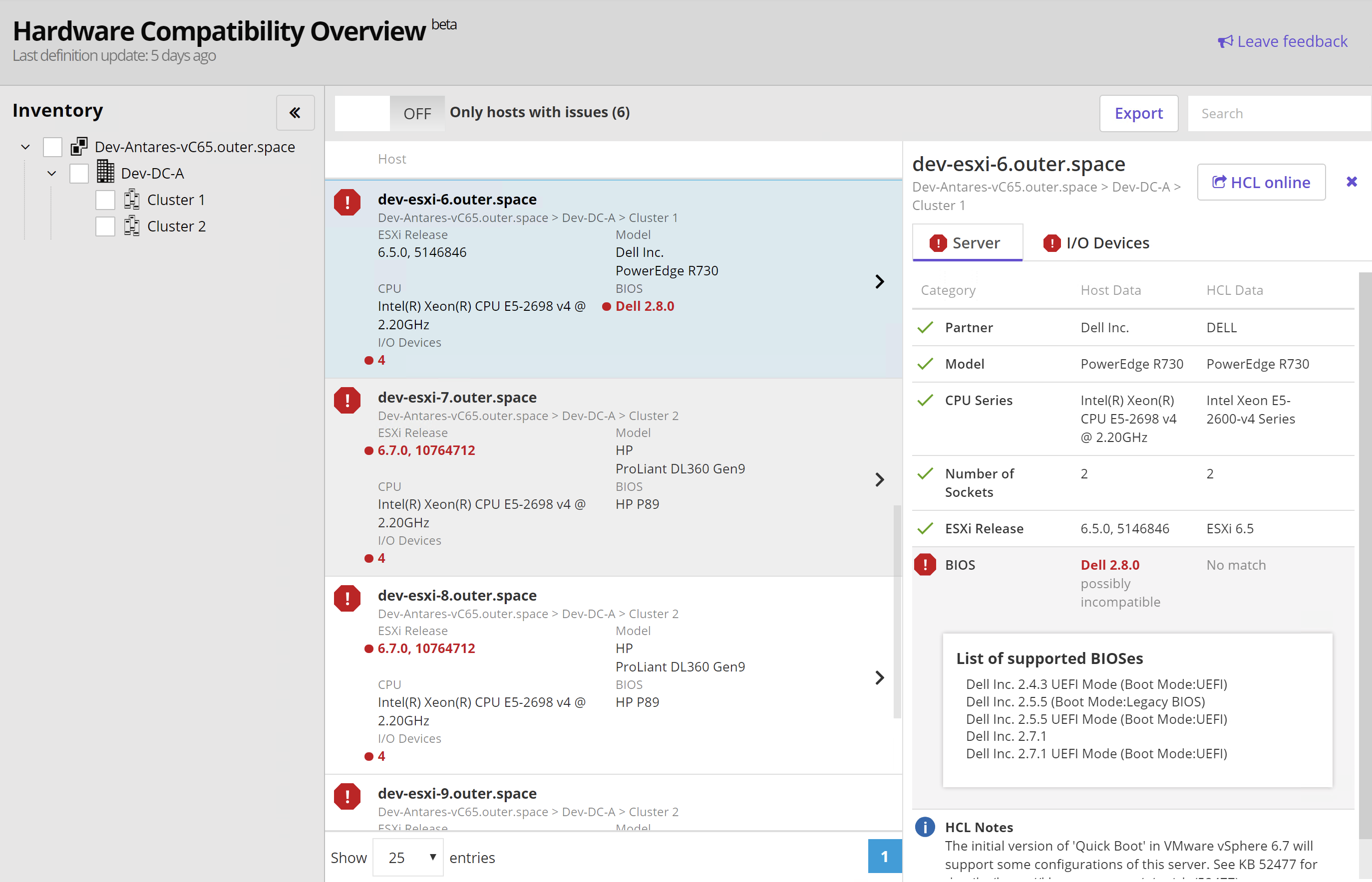 Hardware Compatibility beta Overview detailed view