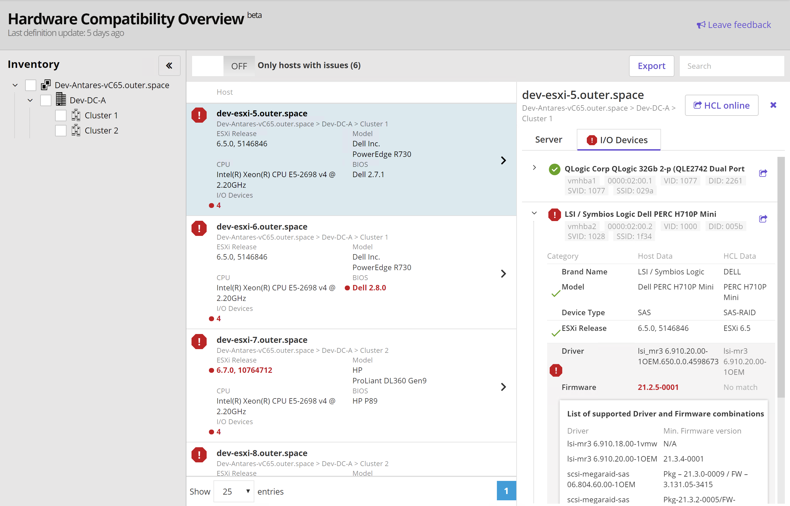 Hardware Compatibility beta Overview I/O Devices detail tab