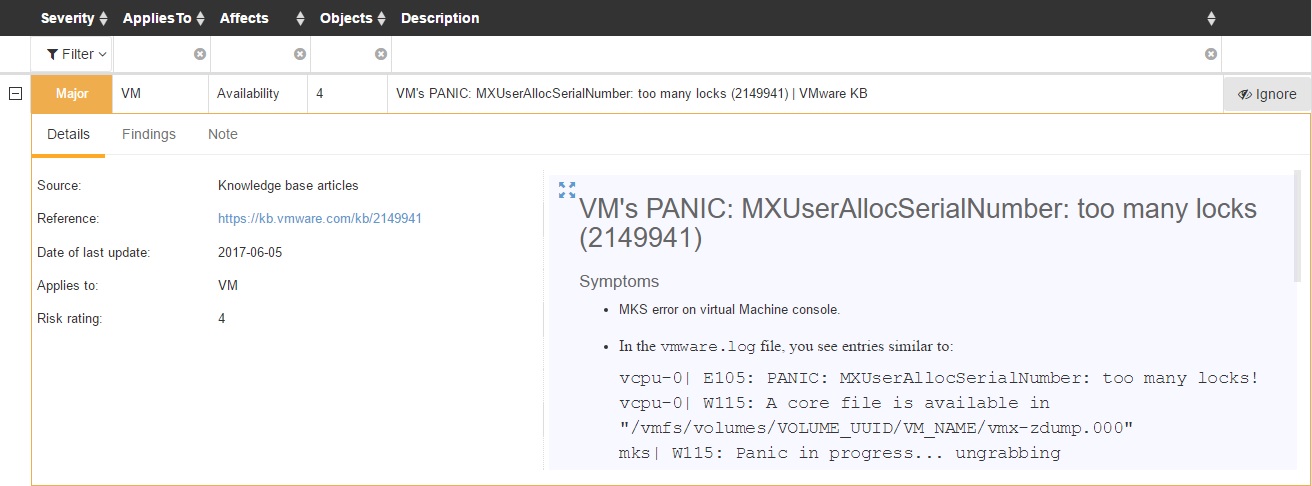 Runecast Analyzer List of Issues VMware KB