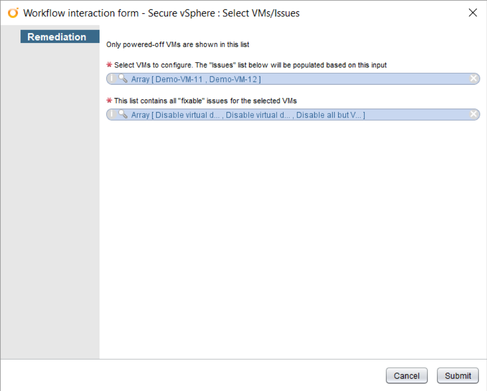 Select VMs/Issues detail