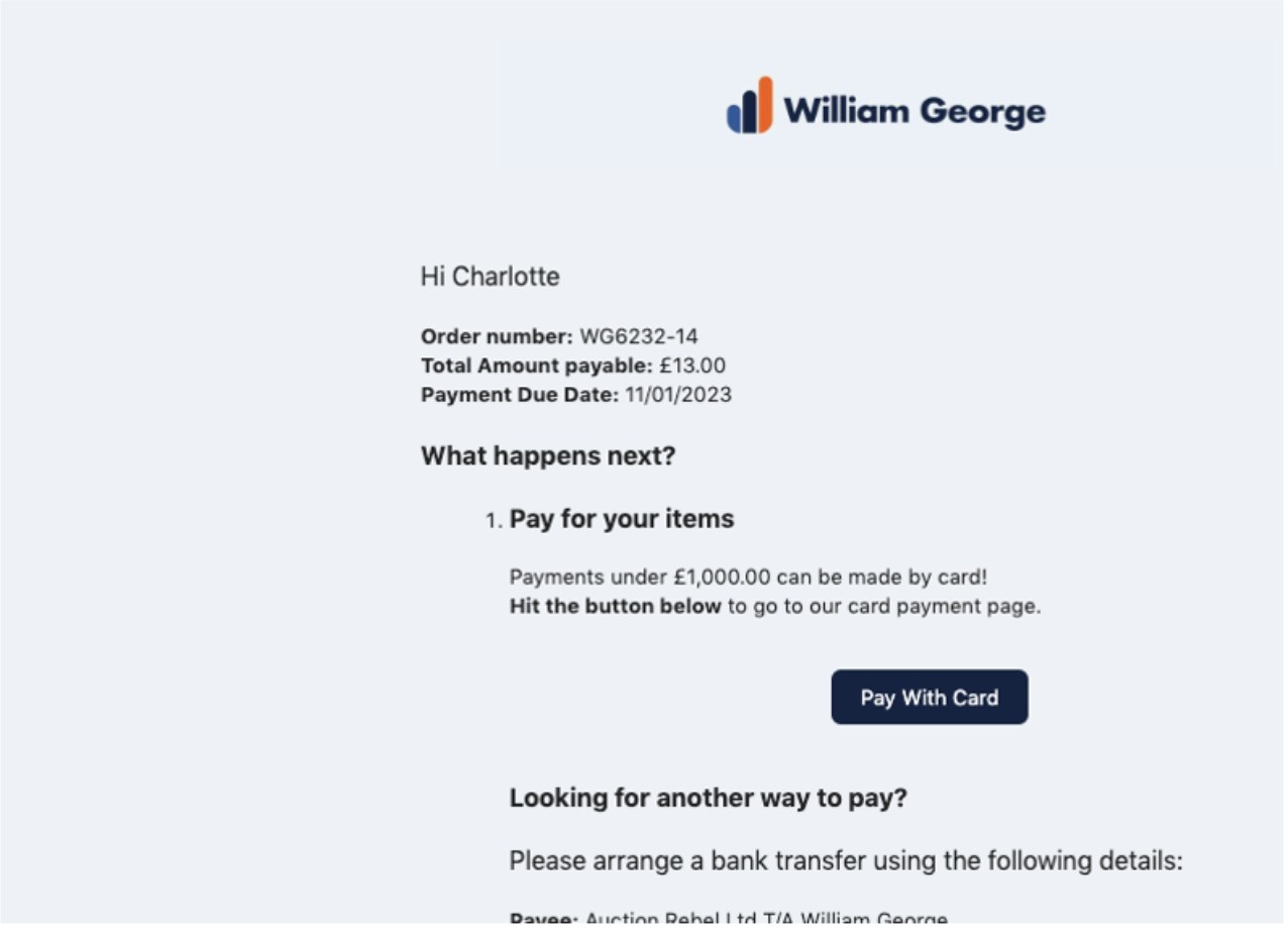 Image of email advising you of where payment is required