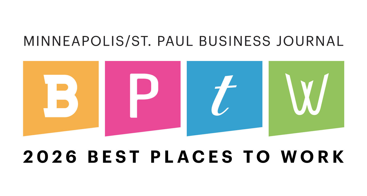 Logo for Minneapolis/St. Paul Business Journal's 2026 Best Places to Work featuring the letters B, P, t, and W in colorful blocks above the text.