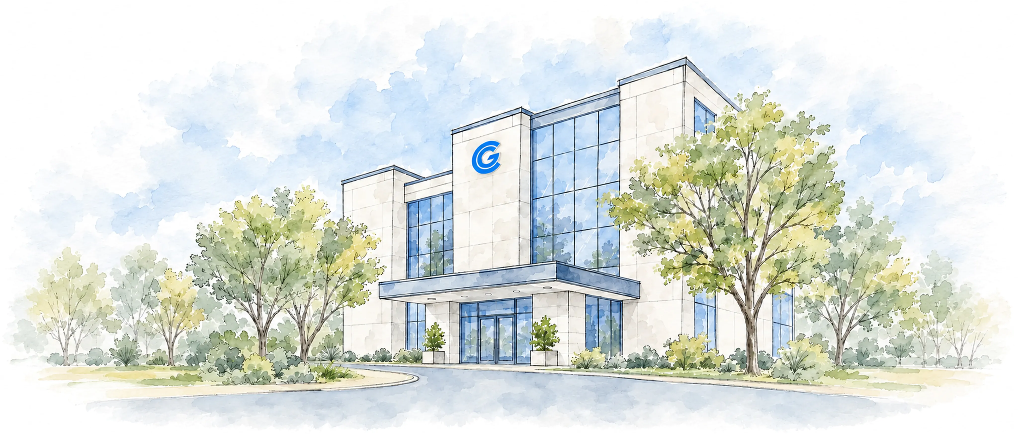 Watercolor illustration of a modern three-story office building with large glass windows, surrounded by greenery and trees, featuring a blue 'G' logo on the facade.