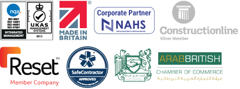 Logos of quality and industry certifications including NQA ISO management, UKAS, Made in Britain, NAHS Corporate Partner, Constructionline Silver Member, Reset Member Company, SafeContractor Approved, and Arab British Chamber of Commerce.
