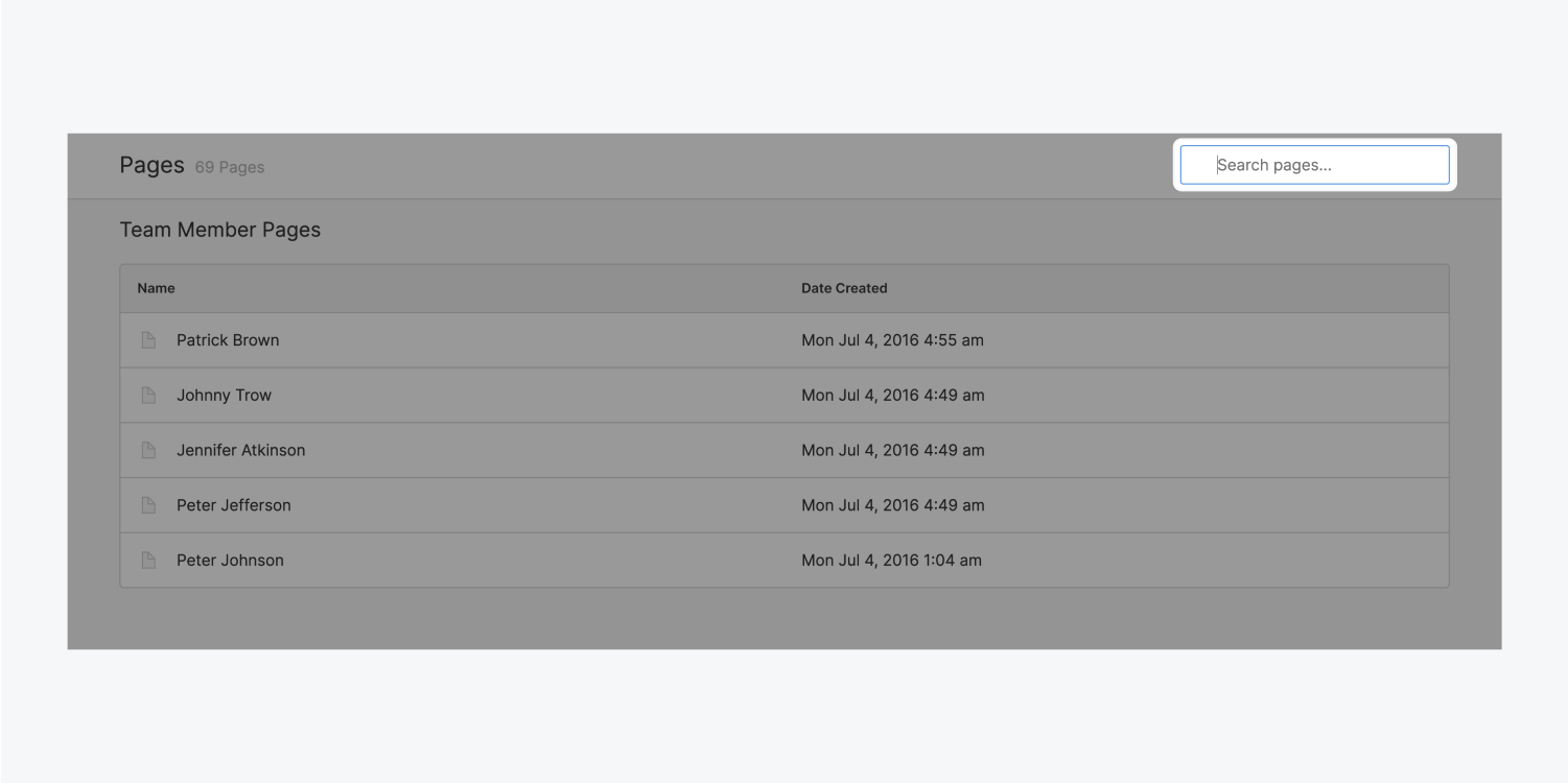 The search bar called “search pages…” is highlighted in the pages top bar section. There are five team member pages on this collection.