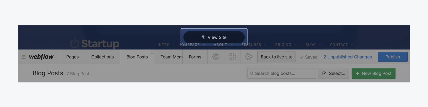 The View Site button is highlighted in its position above the editor tool bar.