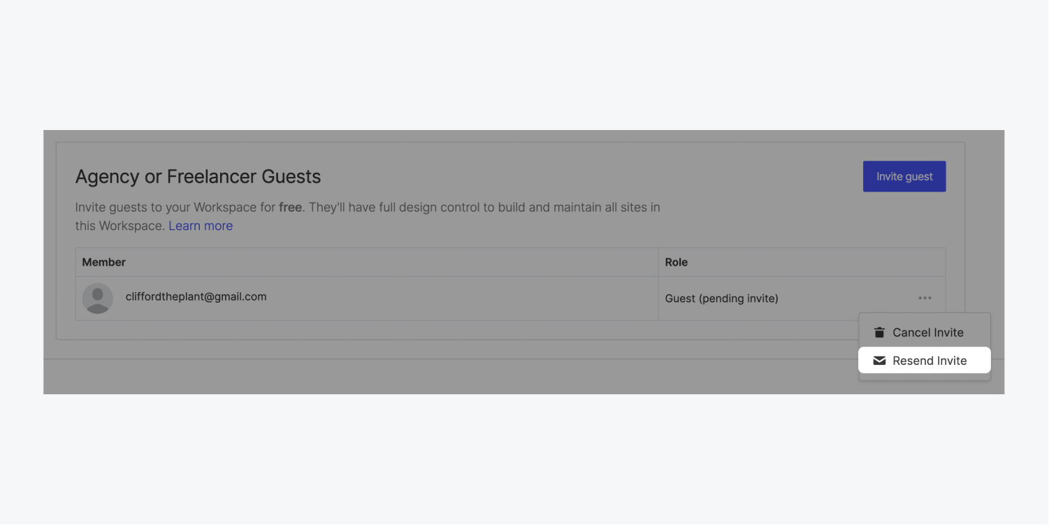 The “Resend invite” option is highlighted in the Agency or Freelancer Guests section.