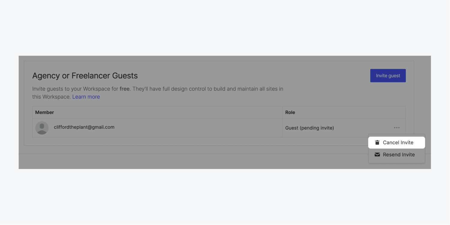 The “Cancel invite” option in the Agency or Freelancer Guests section.