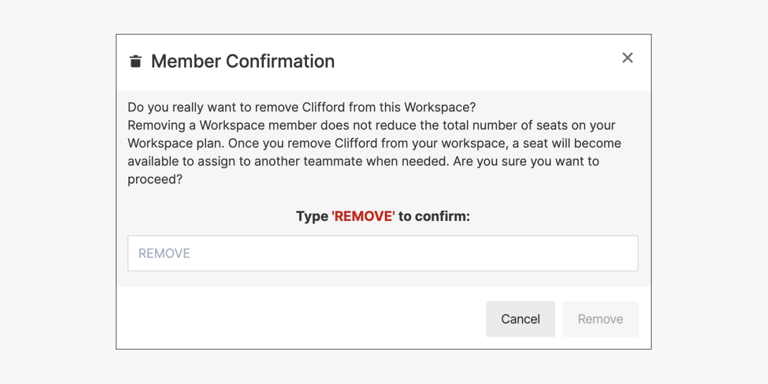 The Member confirmation modal window, where you can remove a guest from your Workspace.