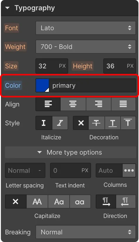 To EDIT COLOR SWATCHES go to the TYPOGRAPHY PANEL located to the right in Webflow Designer and select the COLOR property. *This can also be done through the BACKGROUNDS PANEL.
