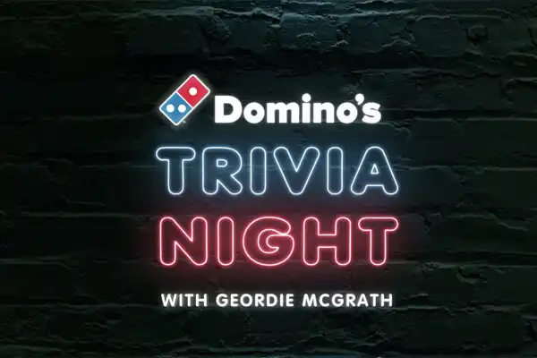 Promotional photo for Domino's Trivia Night with text on brick wall