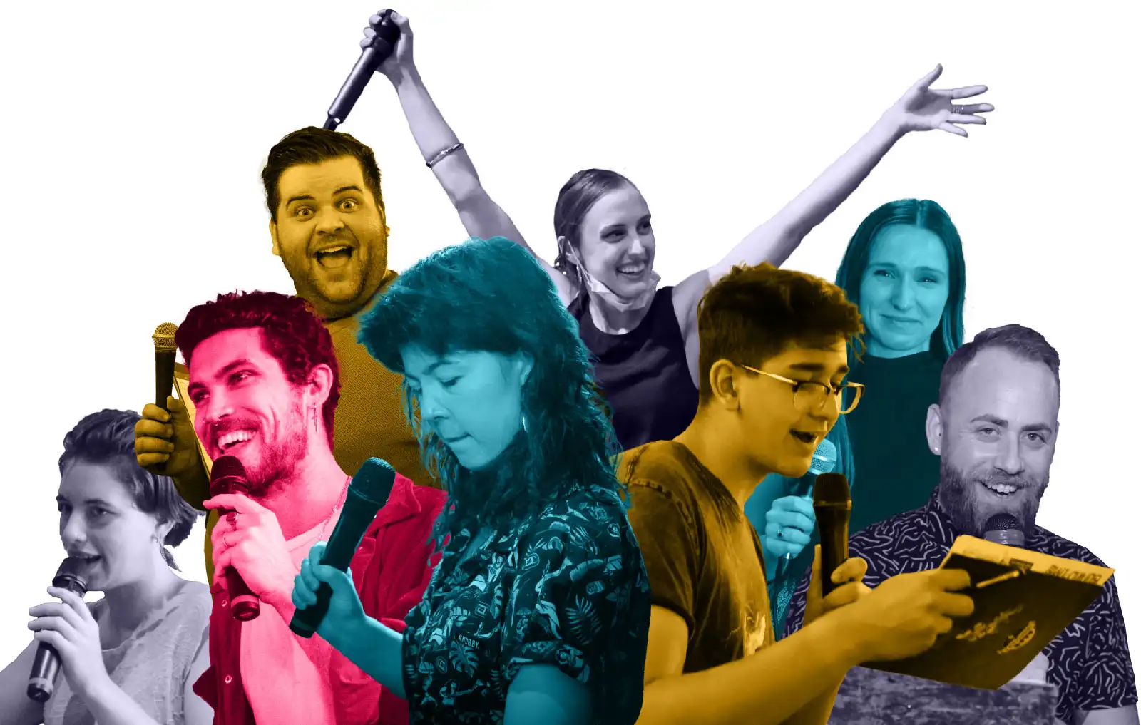 A collage of Quiz Meisters hosts holding microphones and reading questions