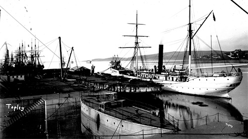A ship preparing to pull into Dry Dock No. 1 for repairs.