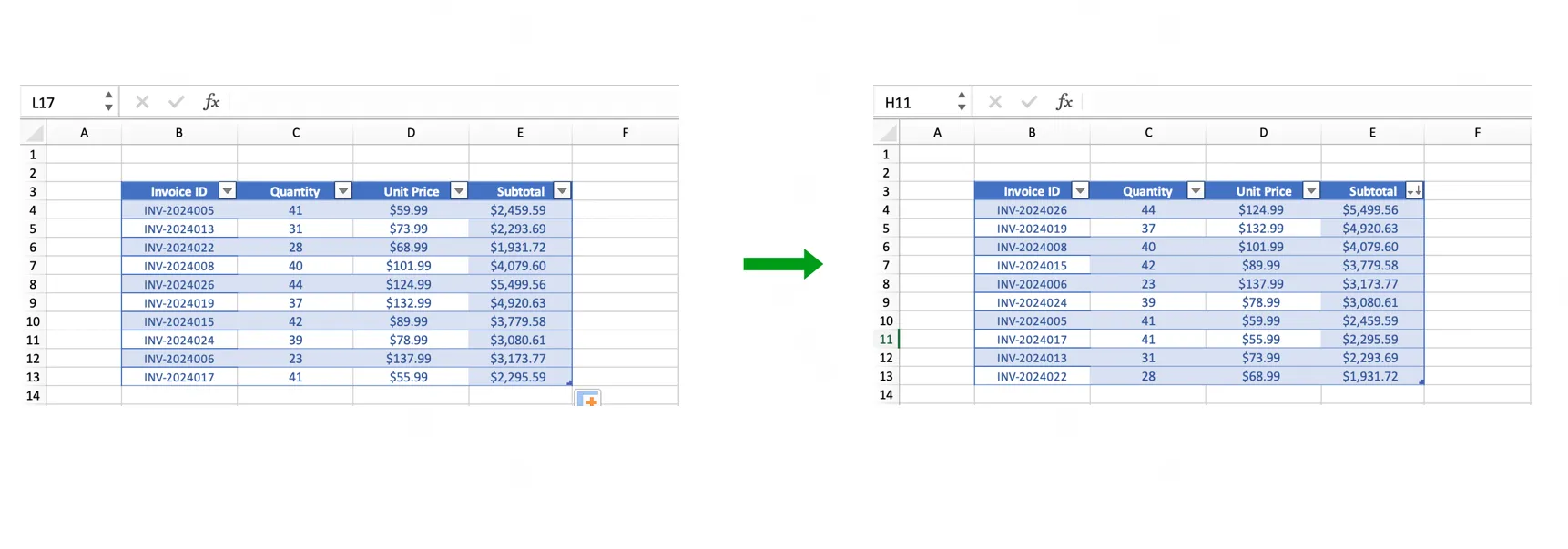 Excel sort