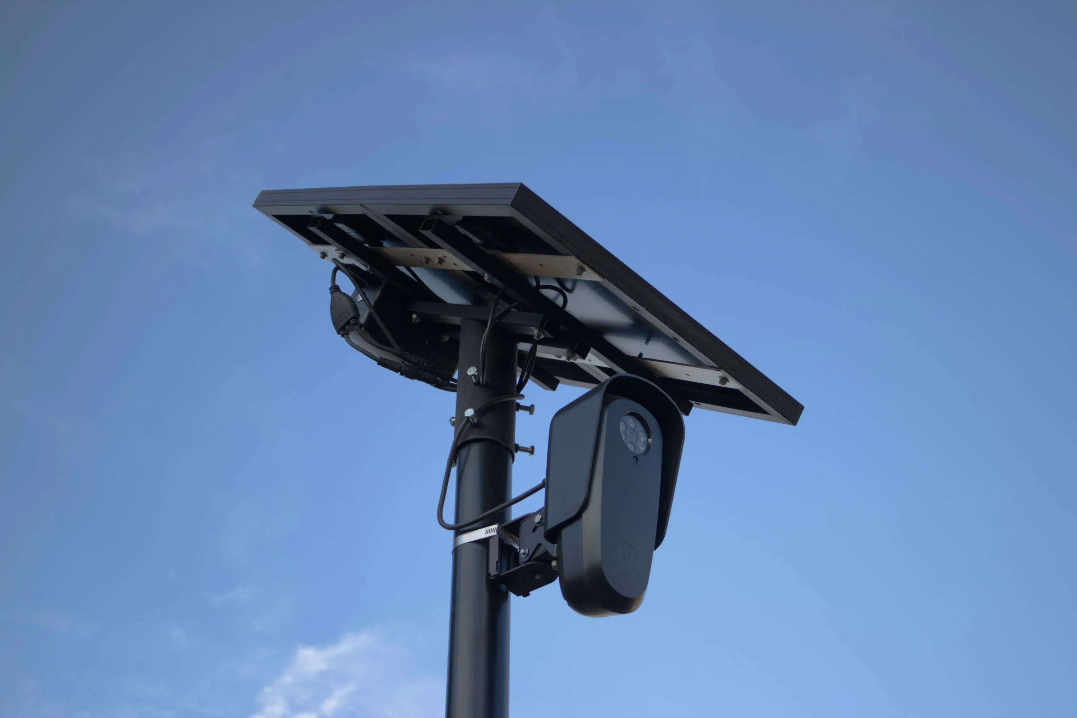A security camera with a solar panel