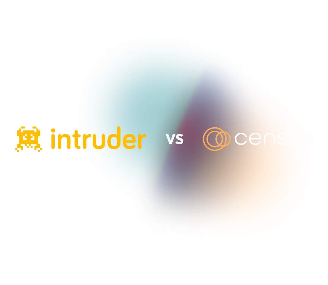 Intruder logo with a pixelated alien icon in yellow on left, versus Censys logo with orange overlapping circles on right.