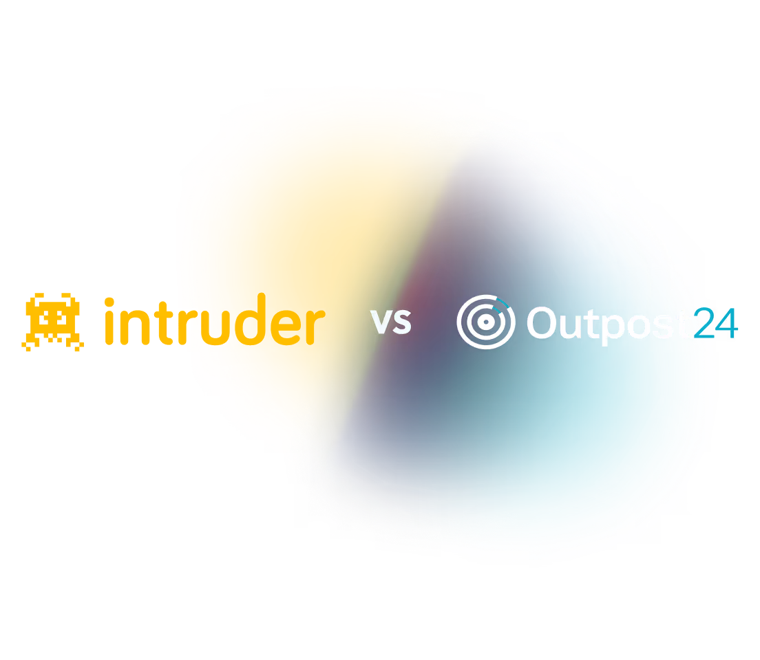 Intruder logo with pixelated monster icon in yellow next to 'vs' and Outpost24 logo with circular target icon in white and blue.