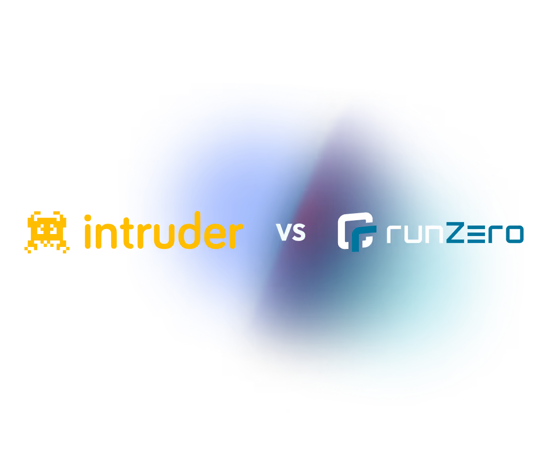 Intruder logo with a pixelated monster icon in yellow on the left, versus RunZero logo with a stylized R icon and text in white and teal on the right.