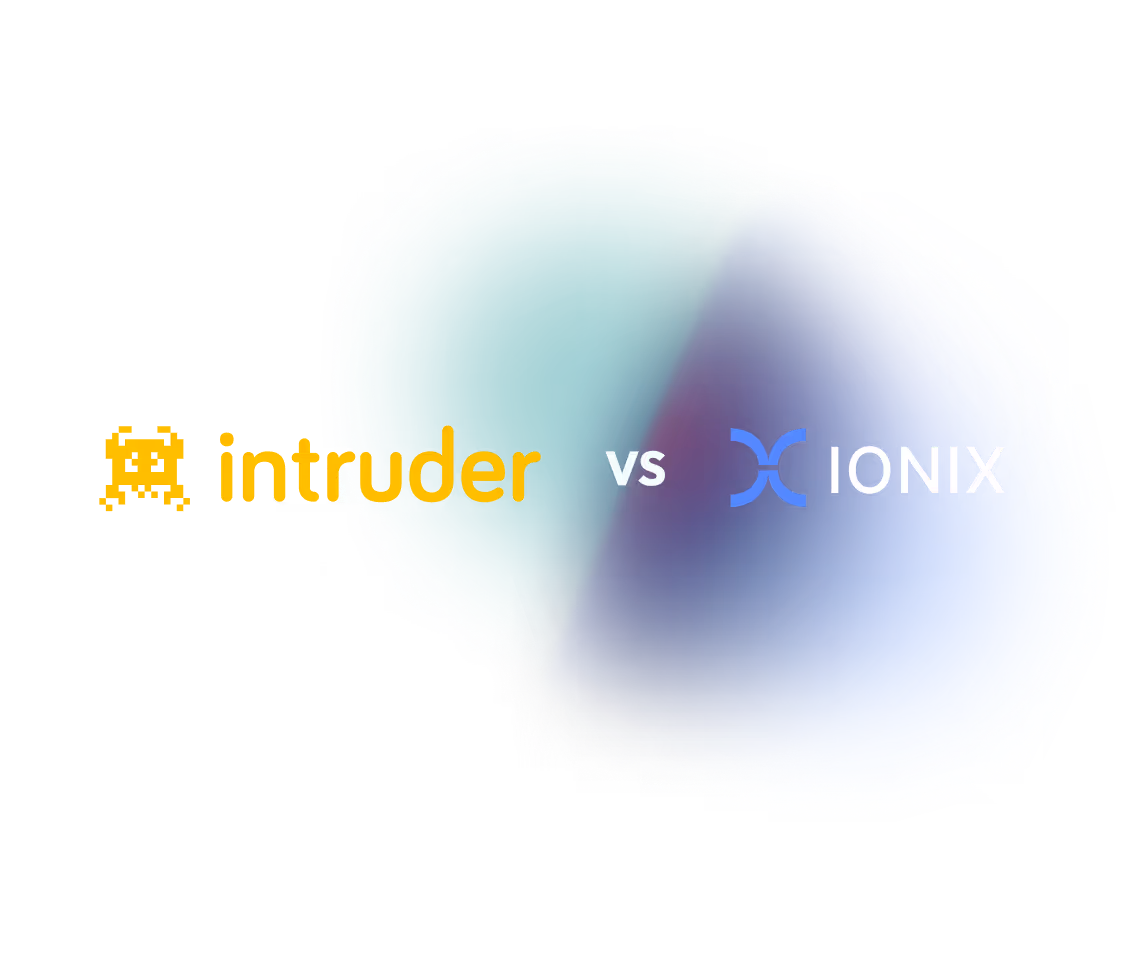 Comparison graphic with a yellow pixelated alien icon and text 'intruder' on the left and a blue stylized icon with text 'IONIX' on the right separated by 'vs'.