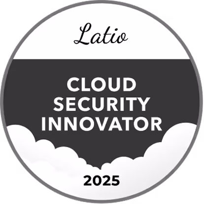 Round badge with the text 'Latio Cloud Security Innovator 2025' and cloud graphics at the bottom.