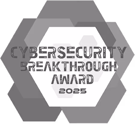 Hexagonal badge with text 'Cybersecurity Breakthrough Award 2025' in a futuristic style.