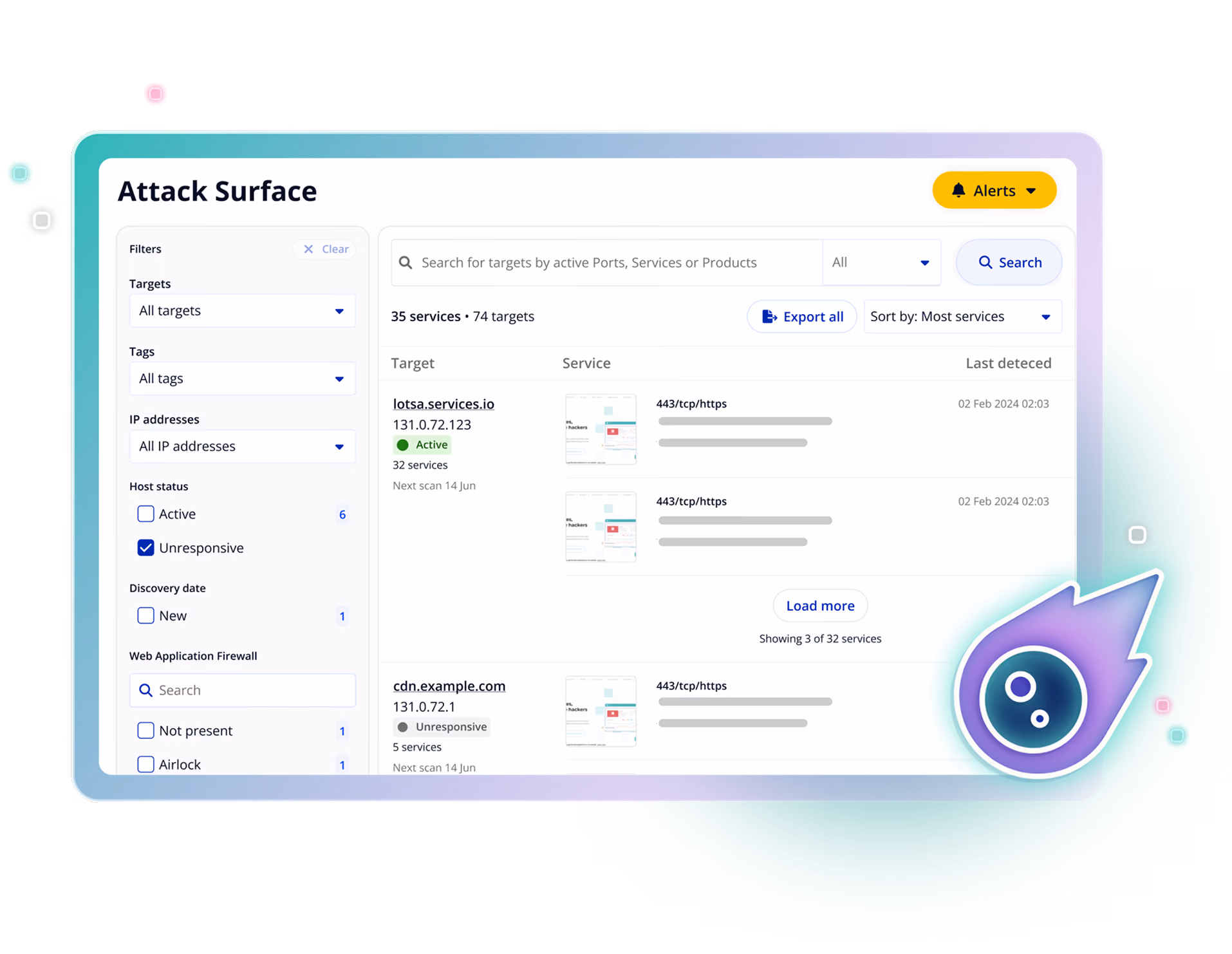 Intruder attack surface view listing exposed services and ports