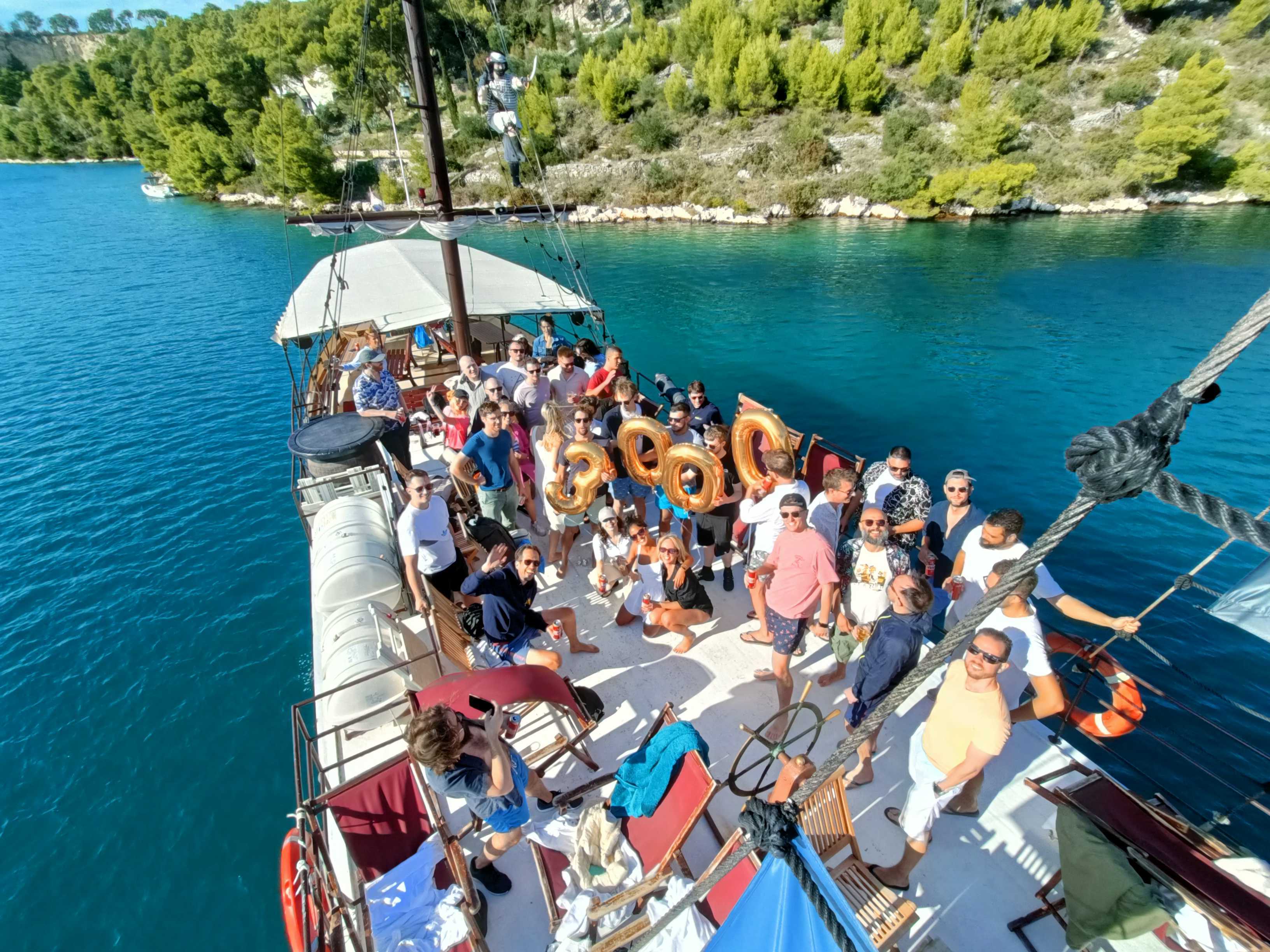 Intruder team celebrating 3000 customers on a boat