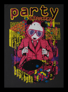 Mehrfarbiges Motiv, Party-Pandabär als DJ.