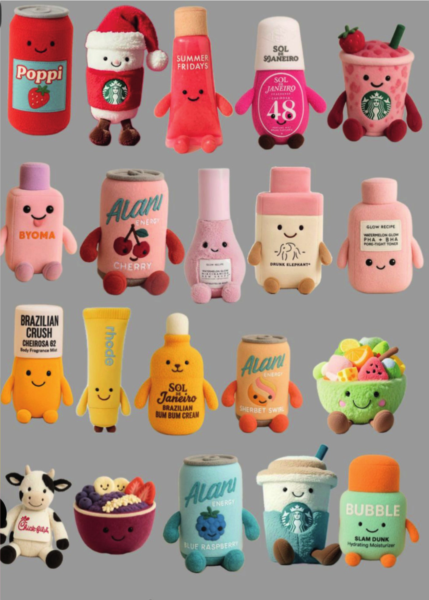 Jelly-Cats-Plüschfiguren in Form von Dosen, Tuben und Bechern verschiedener Marken