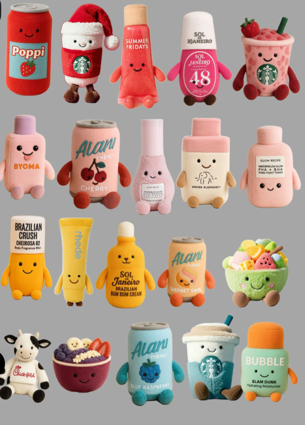 Jelly-Cats-Plüschfiguren in Form von Dosen, Tuben und Bechern verschiedener Marken