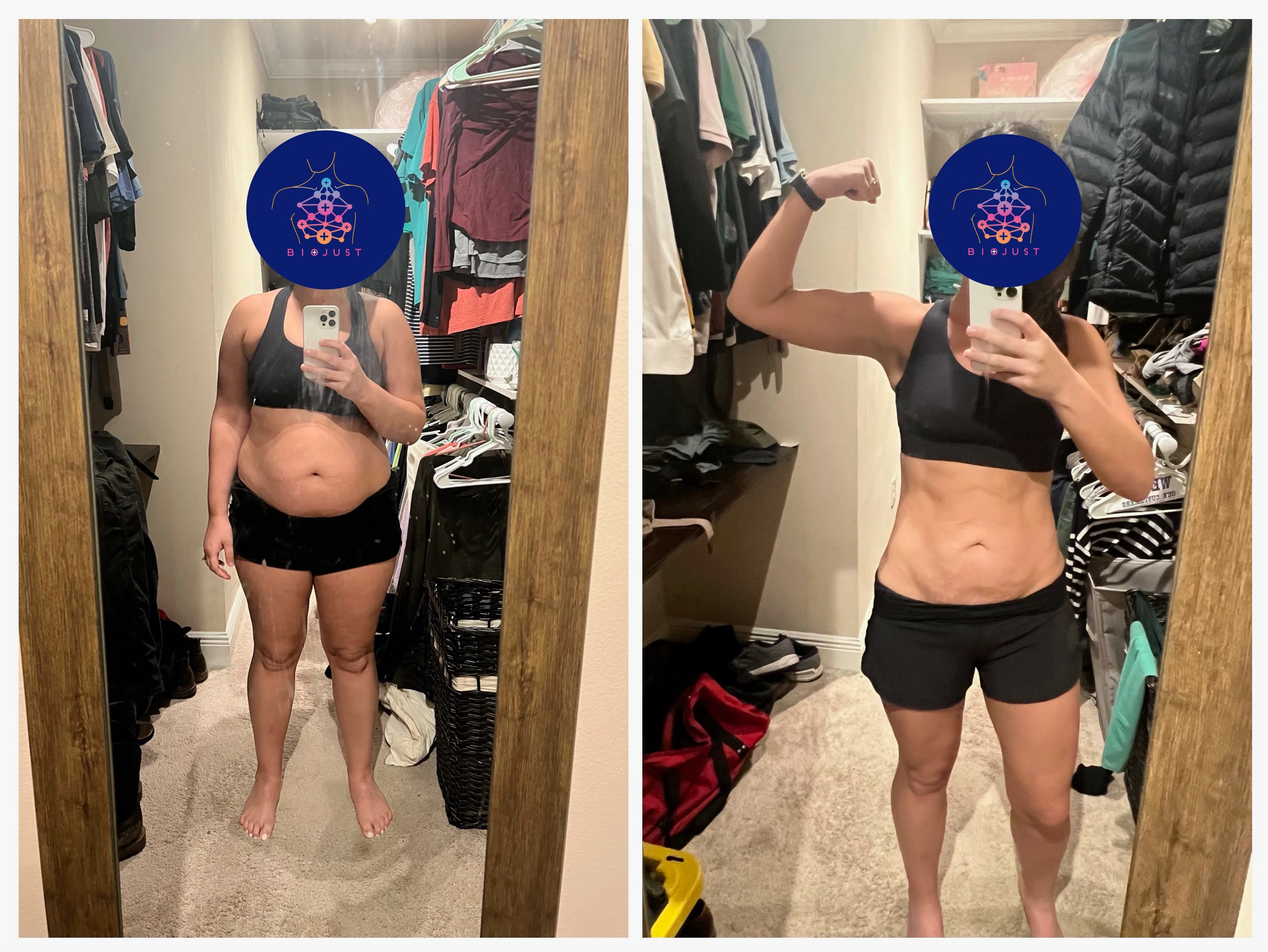 Before and after mirror photos of a BioJust patient's weight loss