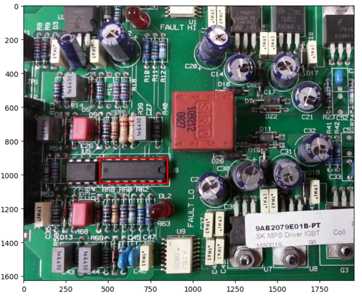 Google’s supplied circuit board image and the bounding box of a microchip in the image