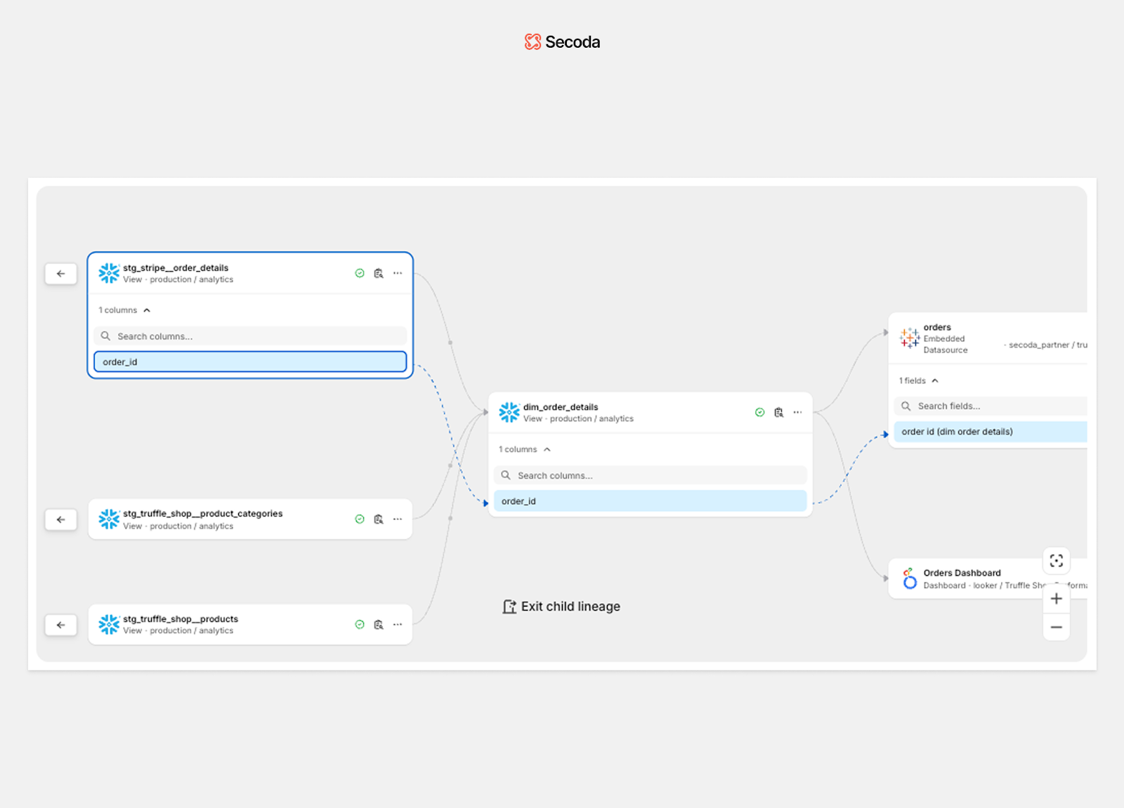 Screenshot of Secoda's column level lineage