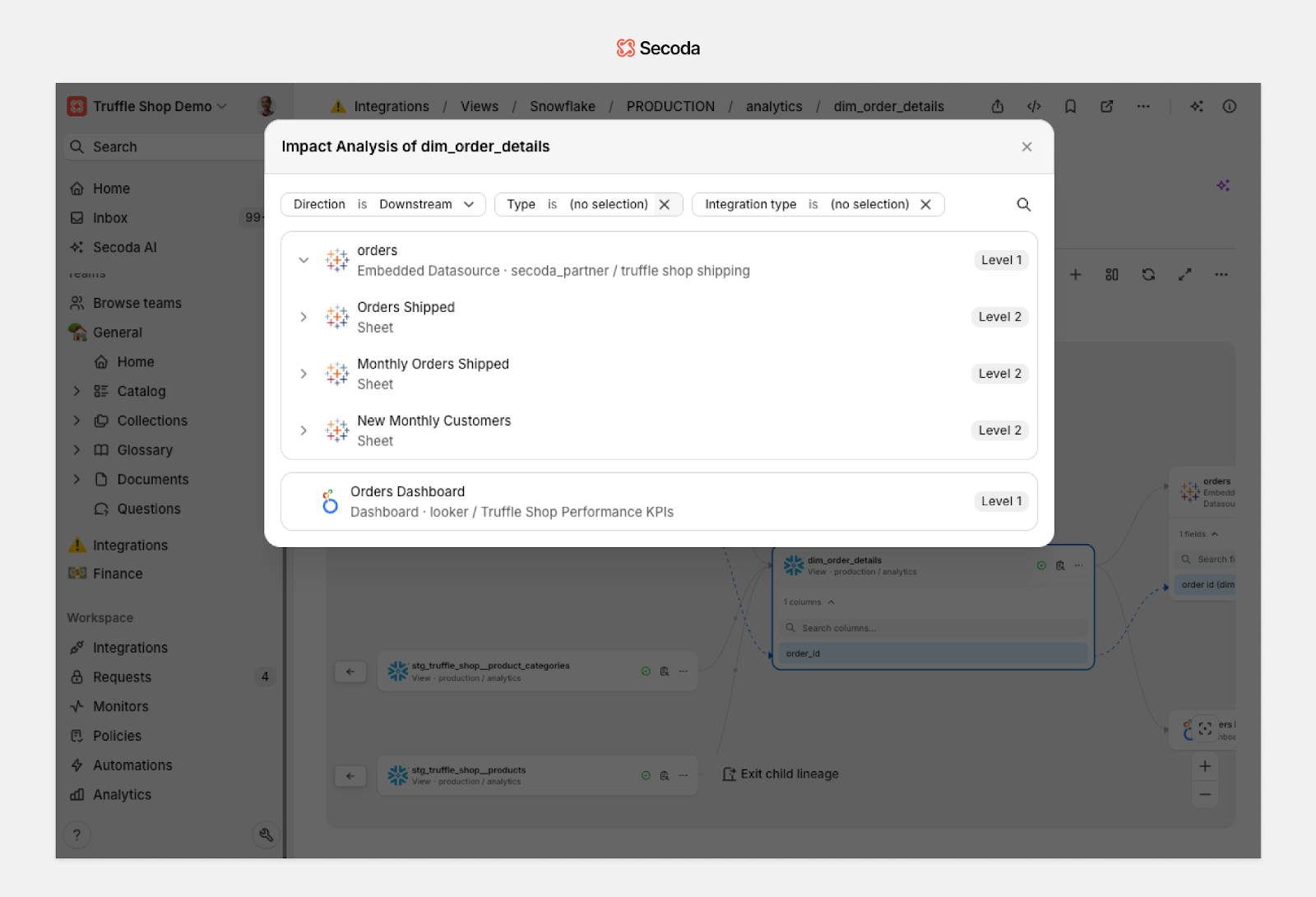 Screenshot of Secoda's impact analysis eature