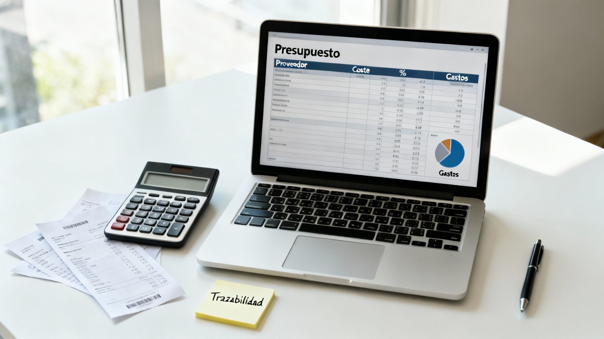 Un ordenador portátil con una hoja de cálculo de presupuesto, calculadora, recibos y notas en un escritorio blanco.