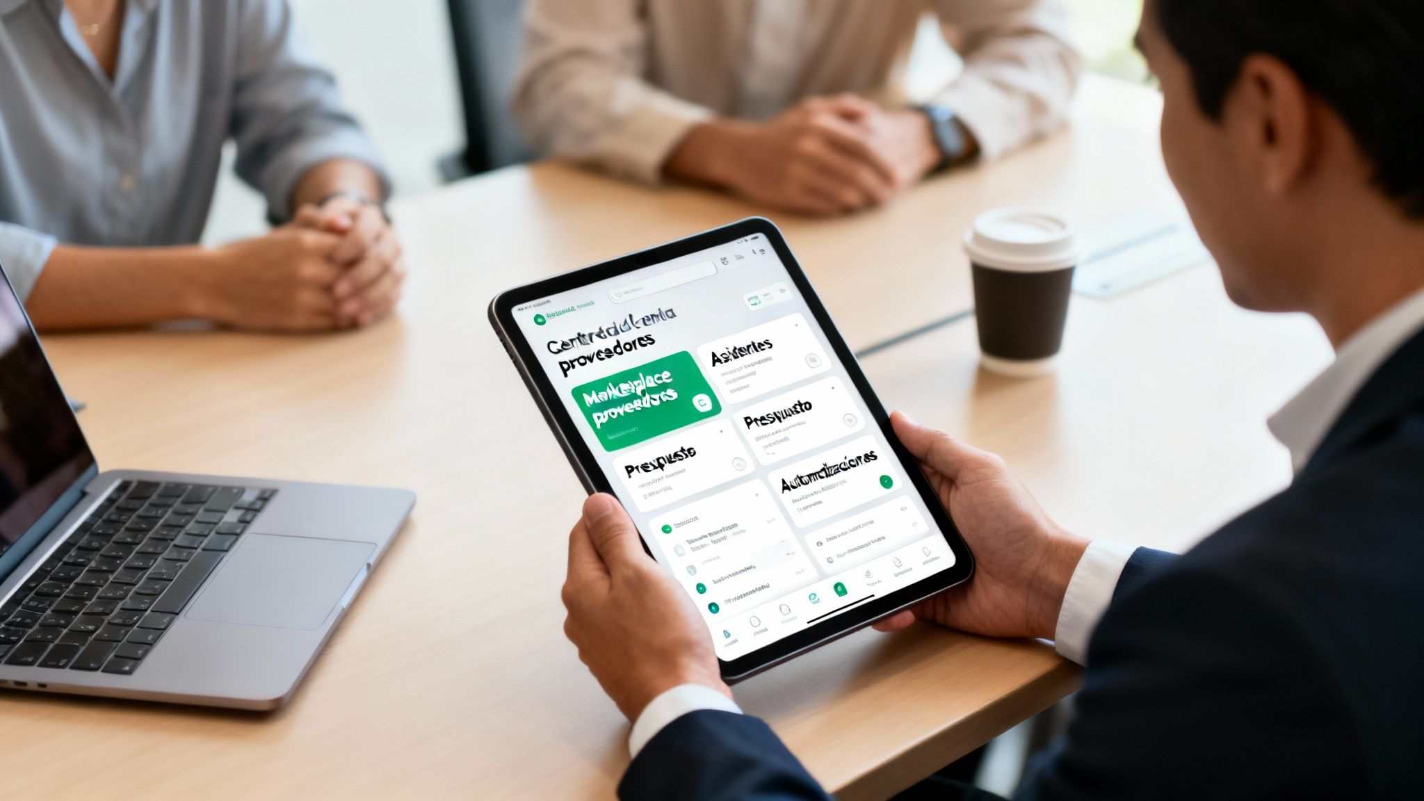 Persona usando una tablet con una aplicación para gestionar proveedores y presupuestos en una reunión de negocios.