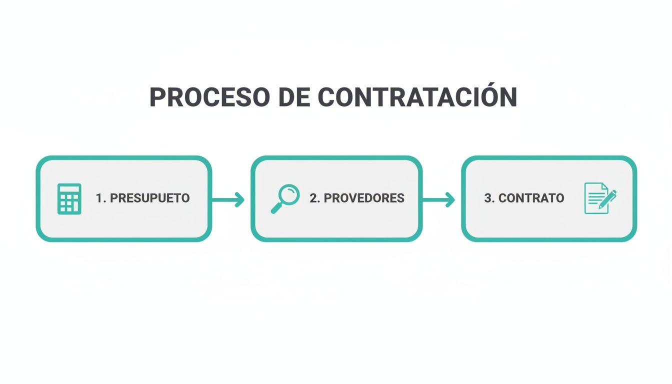 Diagrama de flujo que ilustra el proceso de contratación con tres pasos: presupuesto, proveedores y contrato.