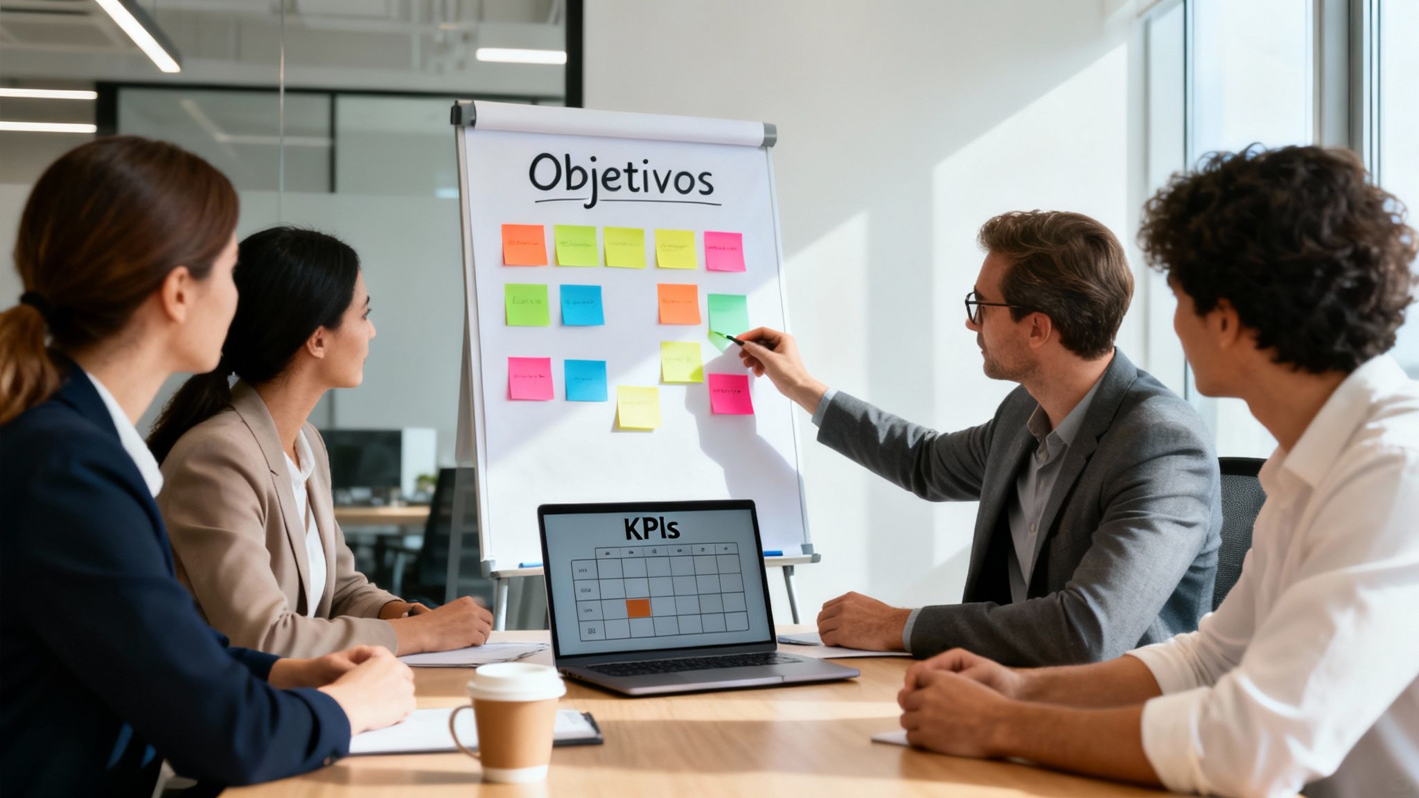 Grupo de profesionales en una reunión de negocios discutiendo objetivos y KPIs. Un hombre señala notas adhesivas en una pizarra.