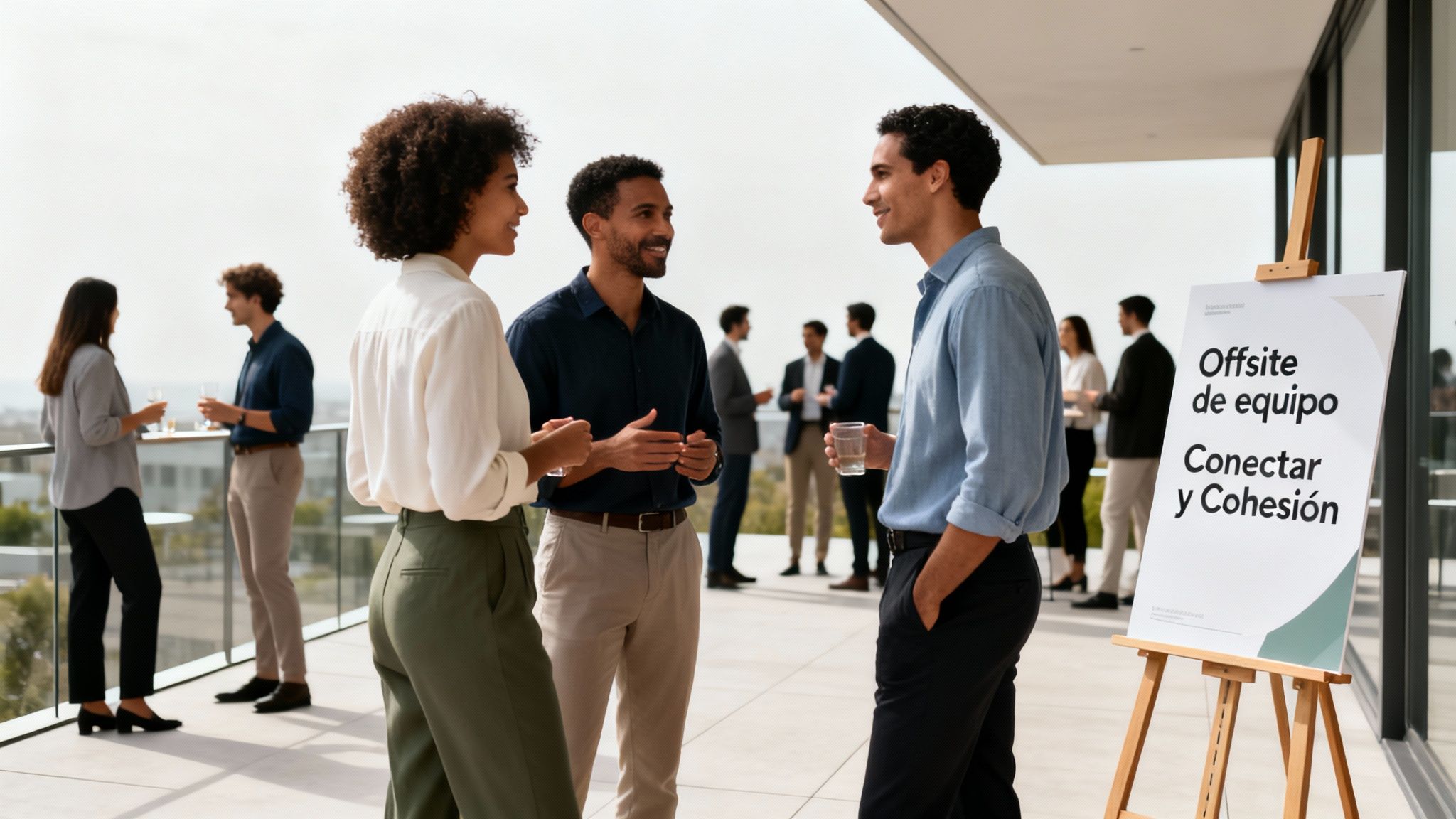 Gente de negocios conversando y riendo en un evento corporativo al aire libre, con un cartel de 'Offsite de equipo'.