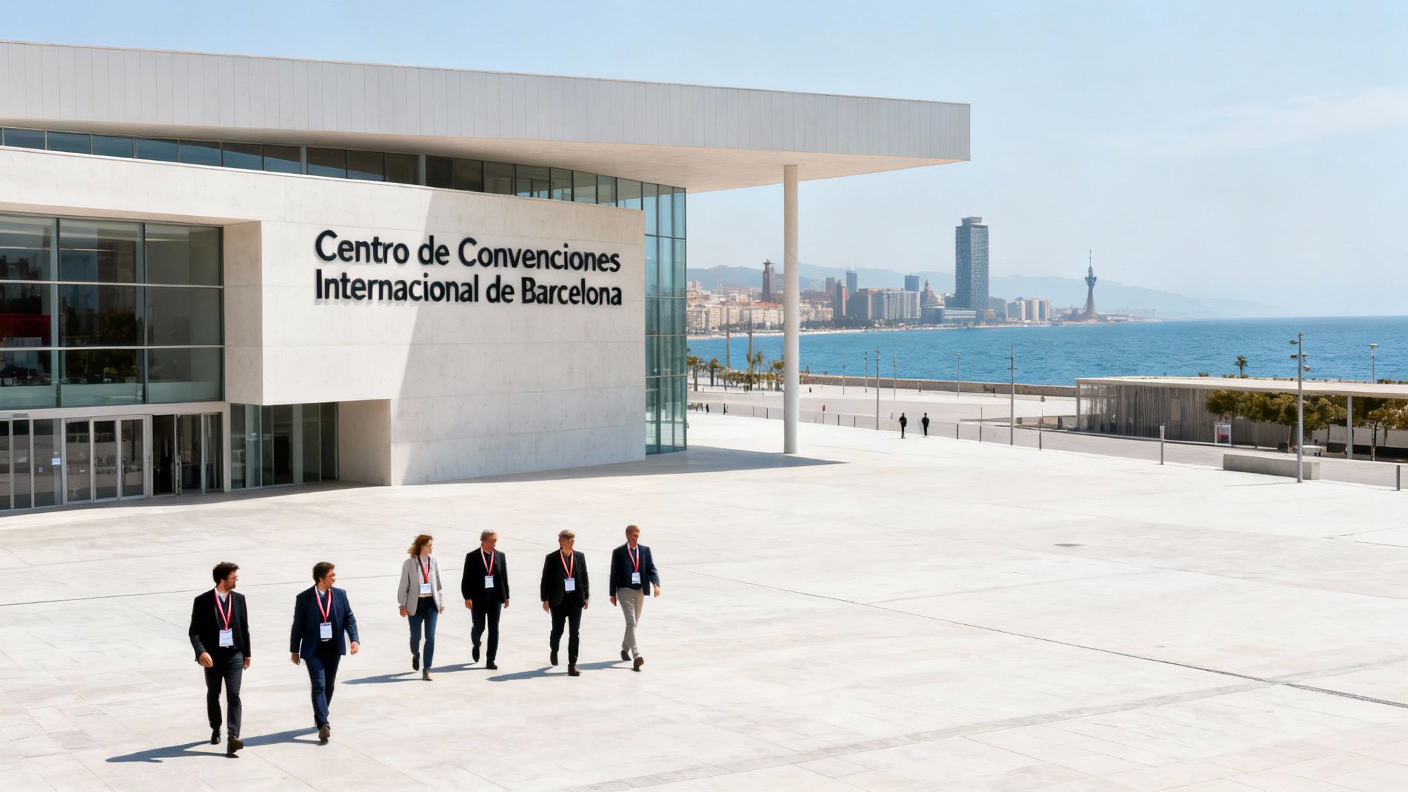 Centro de Convenciones Internacional de Barcelona con personas caminando al frente y vista al mar y la ciudad.
