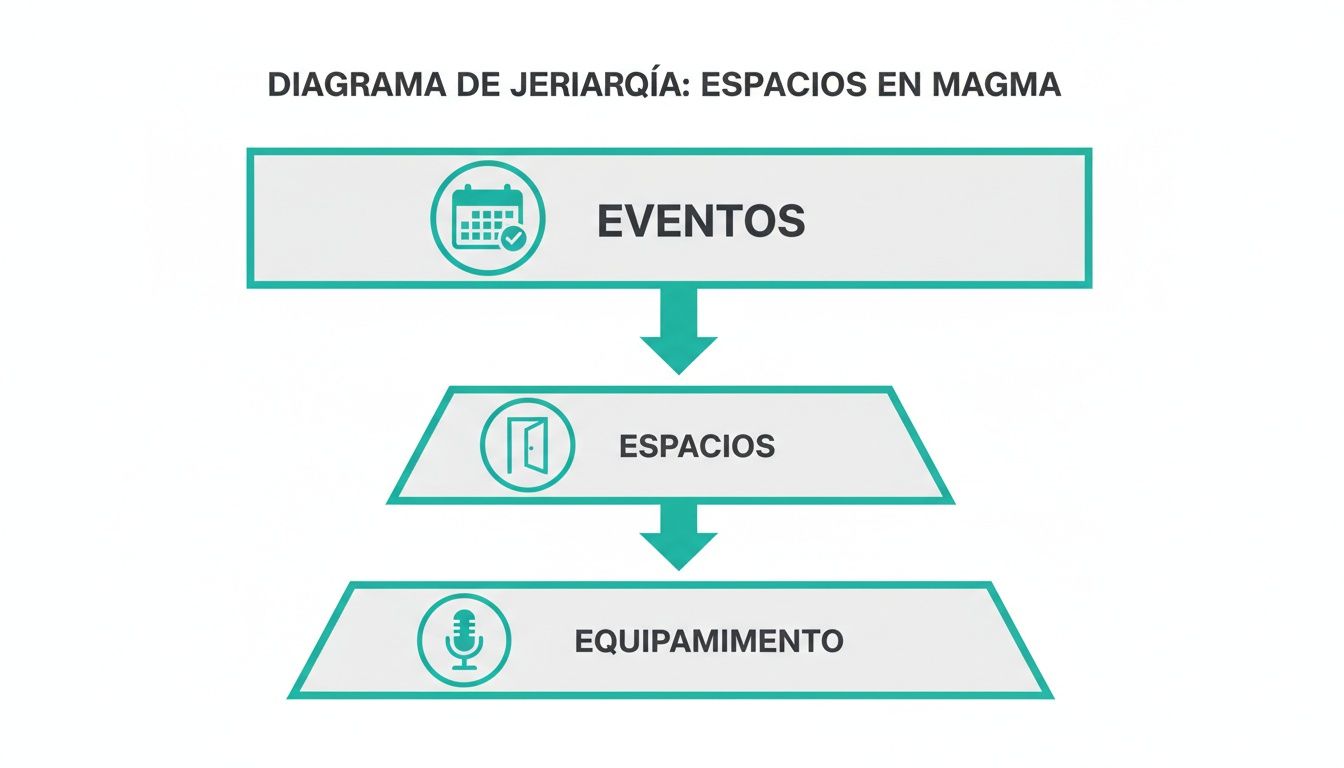 Diagrama de jerarquía mostrando la relación entre eventos, espacios y equipamiento en Magma Arte & Congresos.