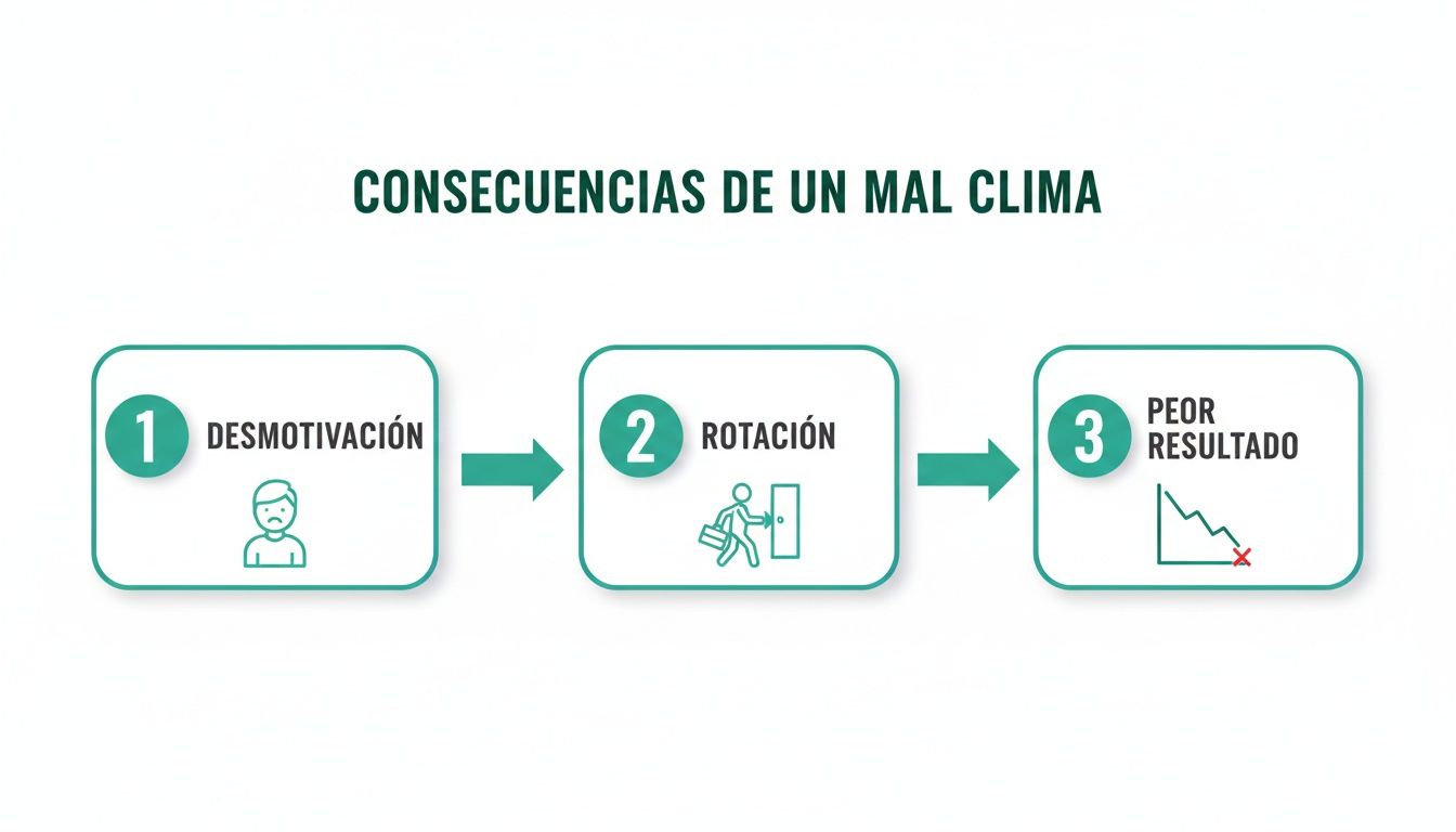Diagrama de flujo mostrando las consecuencias de un mal clima laboral: desmotivación, rotación de personal y peores resultados.